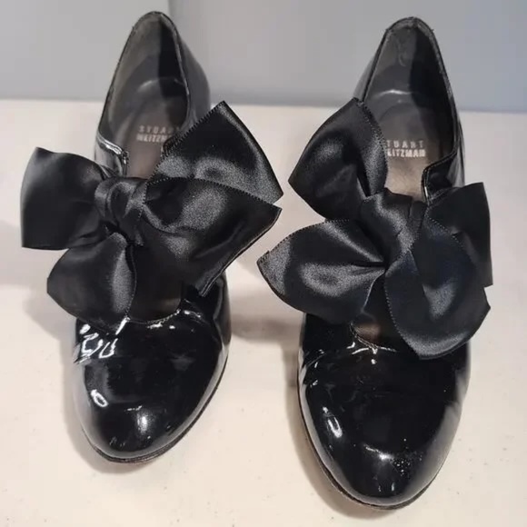 Stuart Weitzman Black Patent Leather Bouffant Bow Pump Heel Shoe Size 7 Coquette - Picture 1 of 7